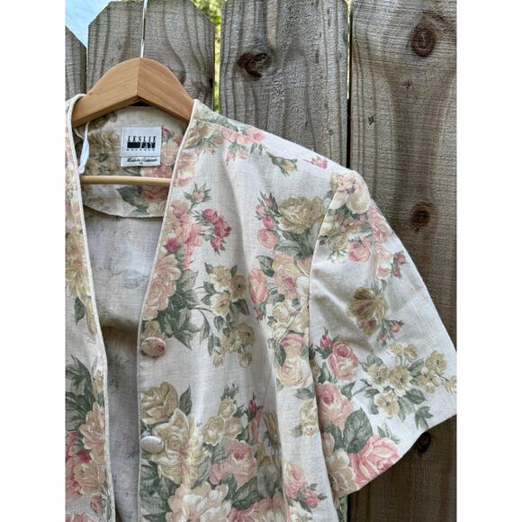 80s Leslie Fay Linen Blend Floral Jacket Blazer Grandmacore Vintage - Picture 3 of 8